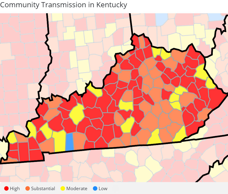 The number of Kentucky counties with high and medium COVID-19 risk on the federal risk map made a big jump this week