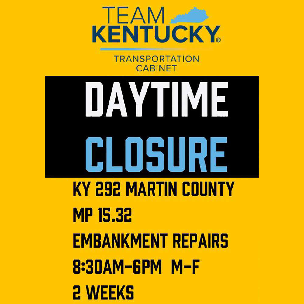 Temporary daytime closure for embankment repairs on KY 292