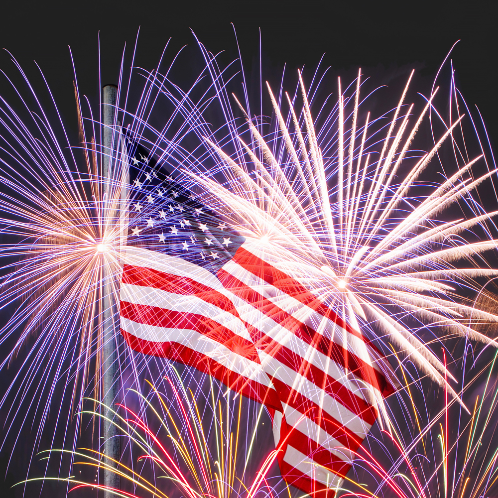 Fireworks, parade and red, white and blue